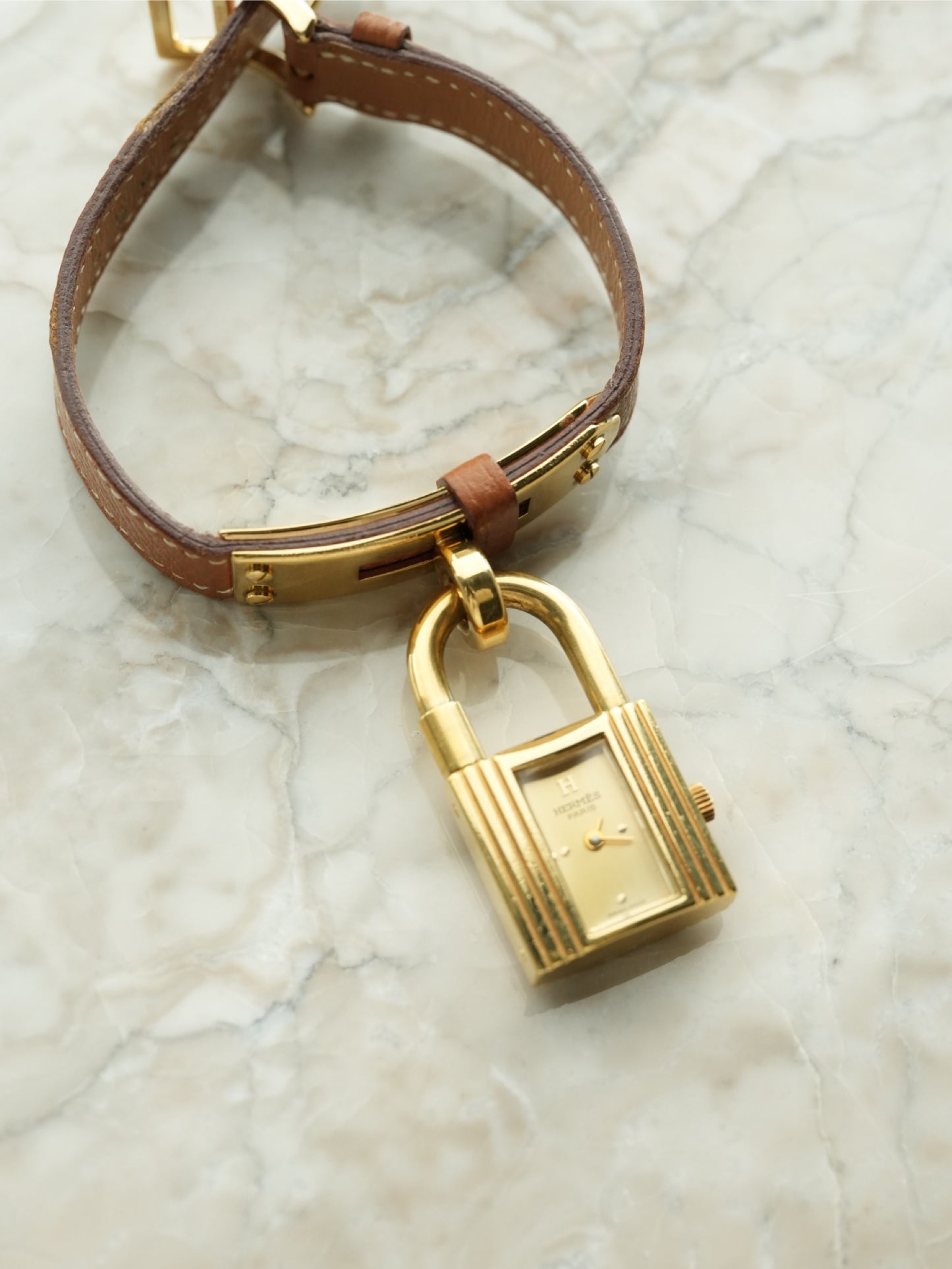 Hermès Kelly Watch Gold Dial with Original Brown Leather Strap & Buckle