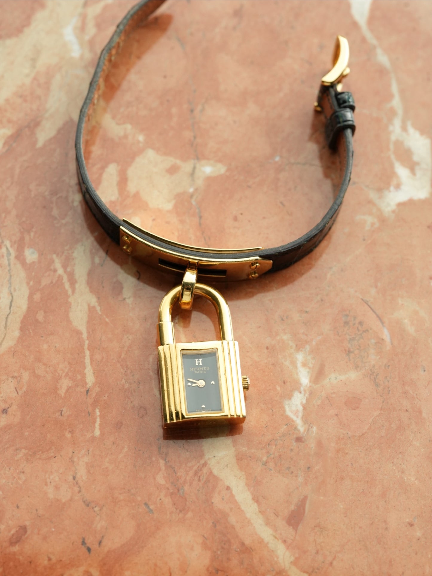 Hermès Kelly Watch Black Dial with Original Black Leather Strap & Buckle
