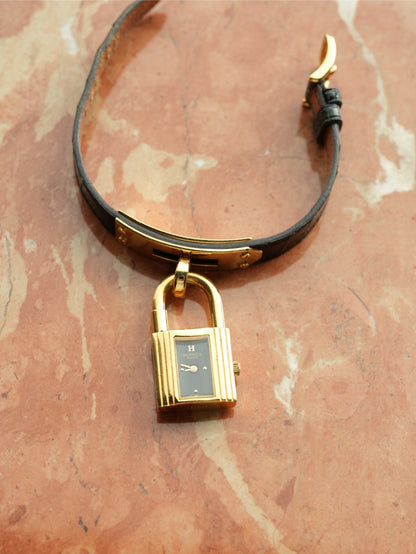 Hermès Kelly Watch Black Dial with Original Black Leather Strap & Buckle