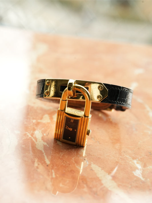 Hermès Kelly Watch Black Dial with Original Black Leather Strap & Buckle