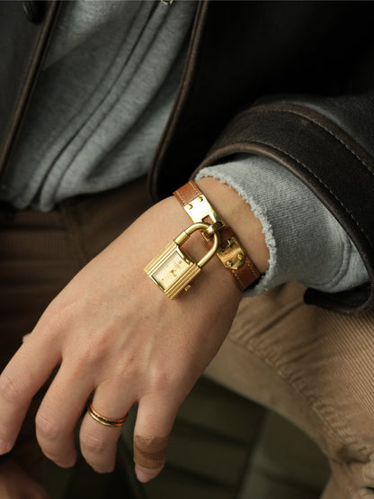 Hermès Kelly Watch Gold Dial with Original Brown Leather Strap & Buckle