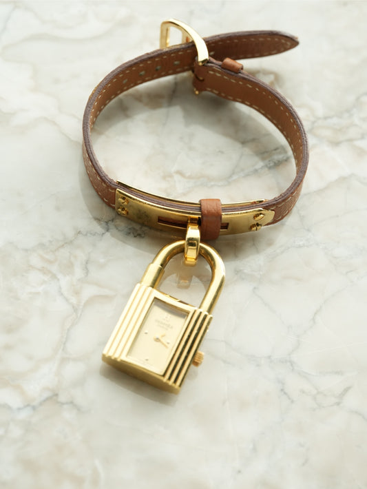 Hermès Kelly Watch Gold Dial with Original Brown Leather Strap & Buckle